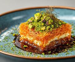 Savory kunafa dessert beautifully served with pistachio topping and syrup on a decorative plate photo