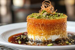 Delicious kunafa topped with chopped pistachios and served with sweet syrup in a modern dessert setting photo