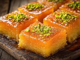Delicious kunafa dessert served on a wooden platter with pistachio topping in a cozy cafe during a vibrant evening gathering photo