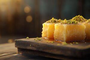 Kunafa dessert served on a wooden plate with pistachios in soft golden light during an outdoor gathering photo