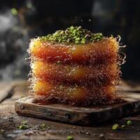 Delicious kunafa layered with sweet syrup and topped with crushed pistachios on a rustic wooden board photo