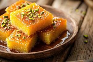 Delicious kunafa dessert served on a wooden plate with nuts and syrup in a cozy cafe setting photo