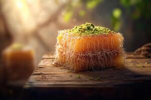 Delicious kunafa dessert garnished with pistachios displayed on rustic wooden surface in warm light photo
