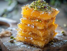 Rich layers of kunafa topped with pistachios served on a rustic wooden board in a cozy setting photo