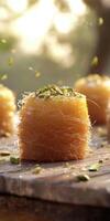 Delicious kunafa topped with crushed pistachios, showcasing traditional Middle Eastern dessert on a rustic wooden table photo