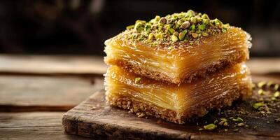 Delicious kunafa served on a wooden board with crushed pistachios and honey drizzled on top for an authentic dessert experience photo