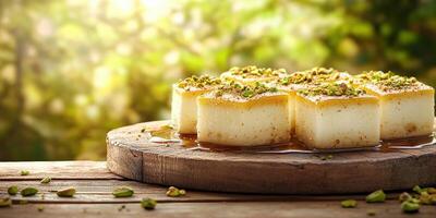 Delicious kunafa topped with pistachios served on a wooden platter in a sunny garden setting photo