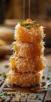 Delicious kunafa topped with pistachios and sweet syrup served in a cozy Middle Eastern cafe photo