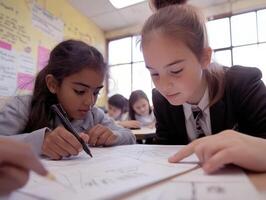 Two girls are working on a project in a classroom photo