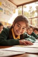 A young girl smiles while sitting at a desk photo
