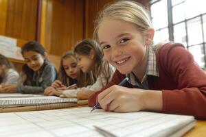 A girl smiling while writing in a classroom photo