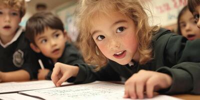 A group of children sitting at a table writing photo