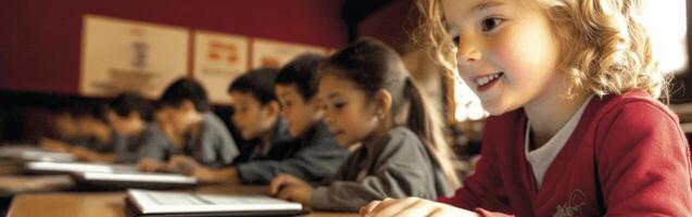 A young girl is sitting at a desk with her laptop photo