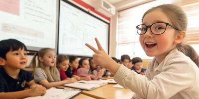 A little girl in glasses is pointing at the camera photo