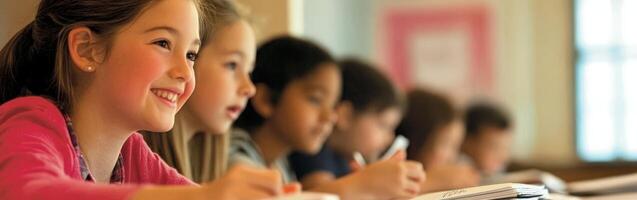 A group of children sitting at desks in a classroom photo