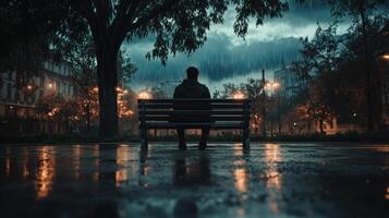 A person sitting on a bench in the rain photo