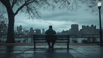 A person sitting on a bench in front of a city photo