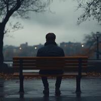 A man sitting on a bench in the rain photo