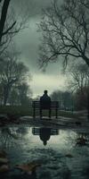 A man sits on a bench in the rain photo