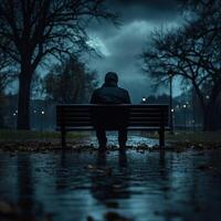 A person sitting on a bench in the rain photo