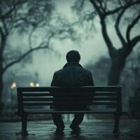 A man sitting on a bench in the rain photo