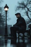 A man sitting on a bench in the rain photo