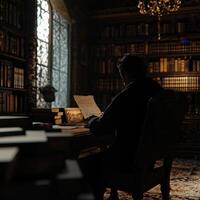 A man sitting at a desk in a library photo