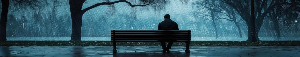 A person sitting on a bench in the rain photo
