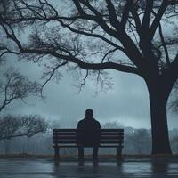 A man sits alone on a bench in the rain photo