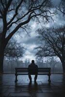 A man sits alone on a bench in a park photo