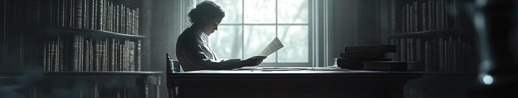 A man sitting at a desk in a library with a book photo