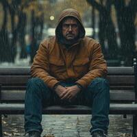 A man sitting on a bench in the rain photo