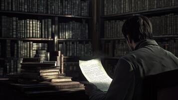 A man is reading a book in a library photo