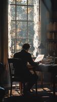 A man sitting at a desk in front of a window photo
