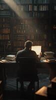 Man sitting at desk in library with sunlight streaming in photo
