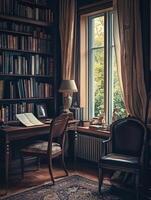 A room with a desk and chair in front of a window photo