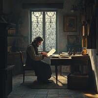 A man sitting at a desk in a room photo