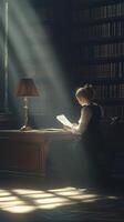A woman sitting at a desk in a library reading a book photo
