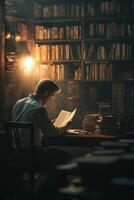 Man reading a document in a dimly lit library filled with books during the evening photo