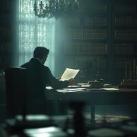A man in a suit sitting at a desk in front of a bookcase photo