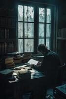A man is sitting at a desk in front of a window photo