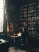 A man sitting at a desk in a library photo