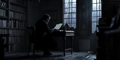 Reader immerses in literature while seated at a wooden desk in a dimly lit library on a rainy evening photo