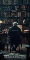 A man sitting at a desk in front of a library photo