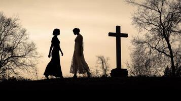 Two silhouettes walk towards each other during sunset near a cross in an outdoor cemetery setting photo