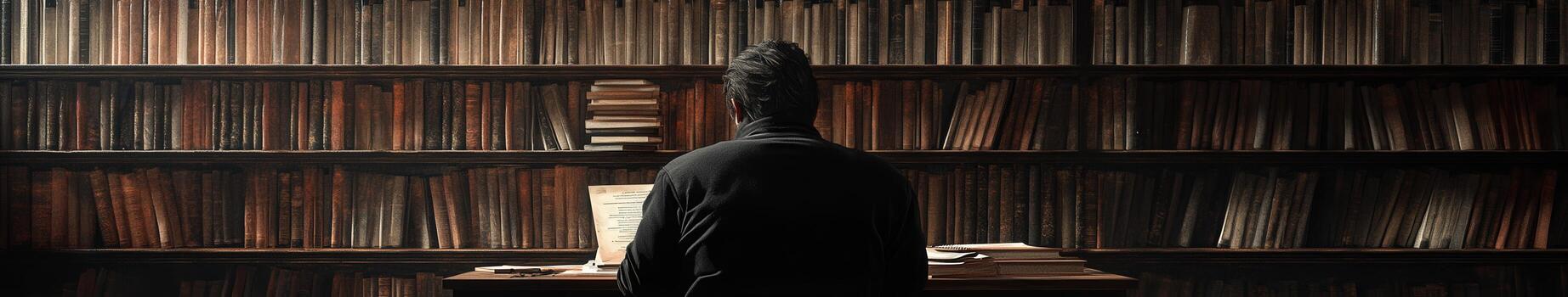 Library setting with a person reading at a desk surrounded by shelves of books during the late evening hours photo