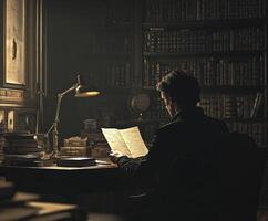Researcher reading ancient documents in a dimly lit library filled with books and vintage decor photo