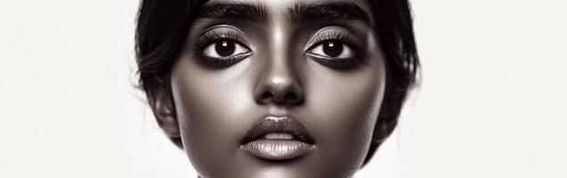Stunning close-up portrait of a woman showcasing expressive features and striking eyes photo