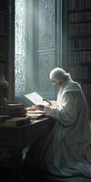 An old man in a white robe sitting at a desk reading a book photo