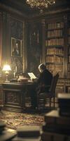 Older gentleman reading a document in a vintage library with ornate decor and shelves filled with books photo